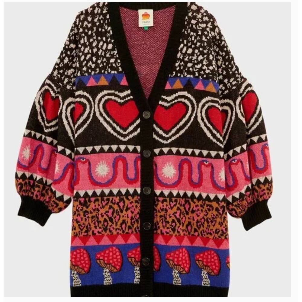 Farm Rio Ainika Elements Cardigan Sweater M Pink Heart Mushroom Pink Boho